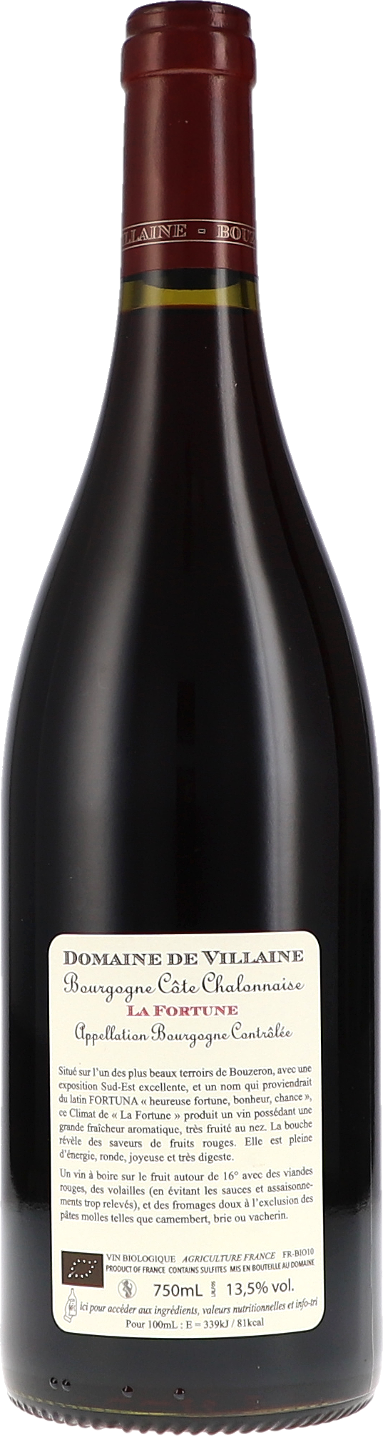 A. et P. de Villaine Bourgogne Côte Chalonnaise rouge La Fortune 2023, 750ml bottle, back label view