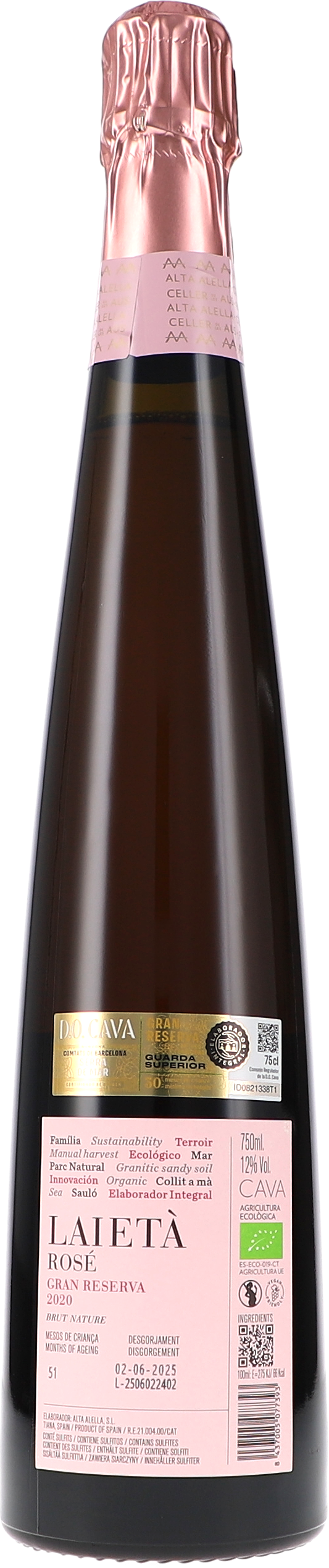 Alta Alella Laietà Rose Gran Reserva Brut Nature 2020, 750ml bottle, back label view 1