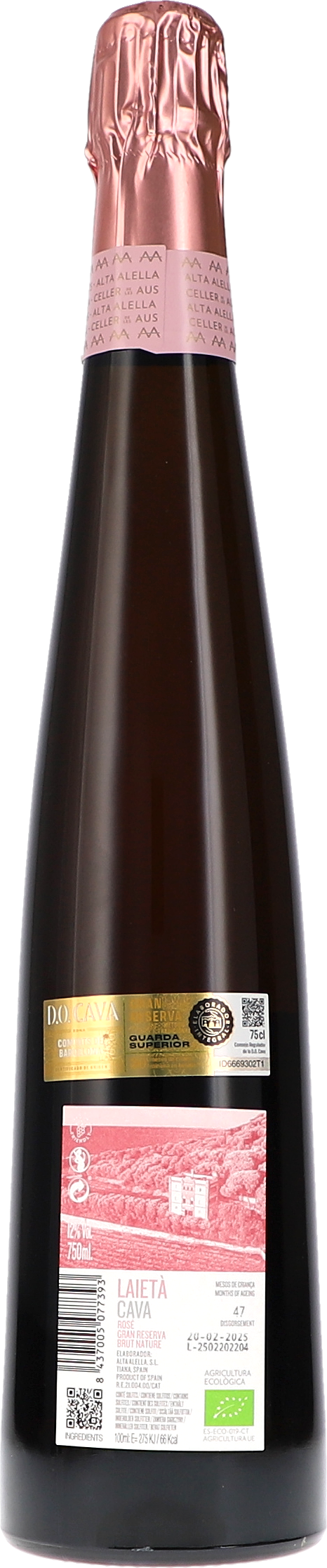 Alta Alella Laietà Rose Gran Reserva Brut Nature 2020, 750ml bottle, back label view 2