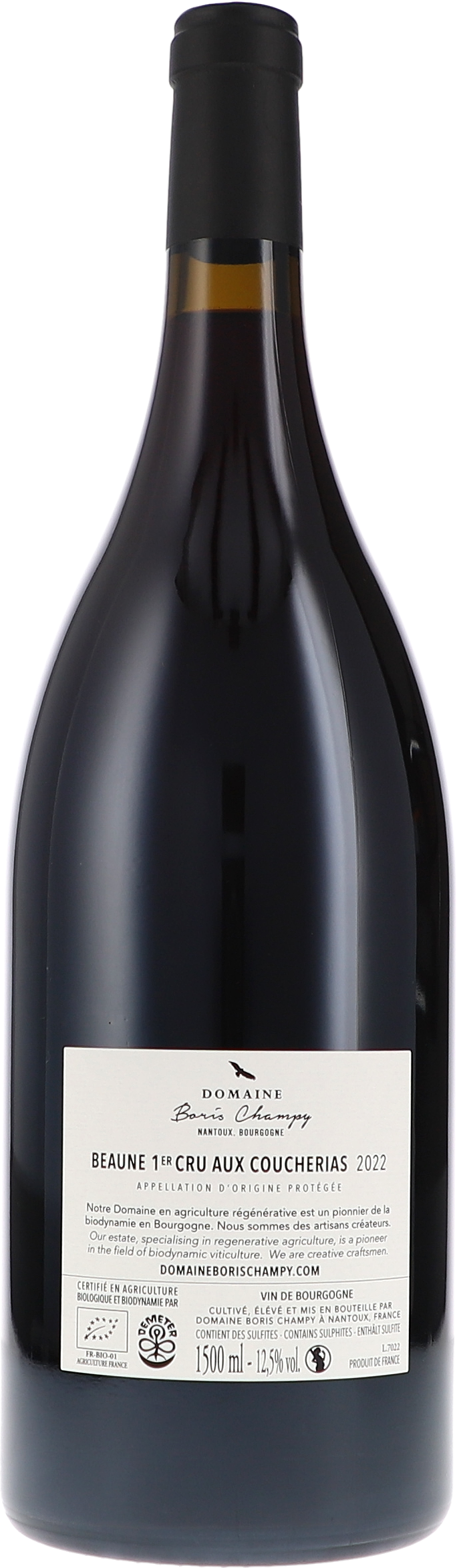 Boris Champy Beaune 1er Cru Aux Coucherias 2022, 1500ml bottle, back label view
