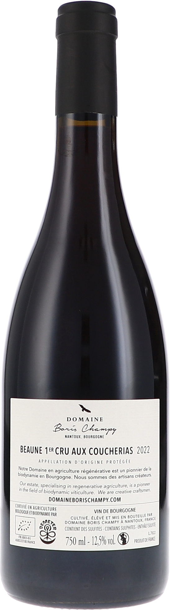 Boris Champy Beaune 1er Cru Aux Coucherias 2022, 750ml bottle, back label view