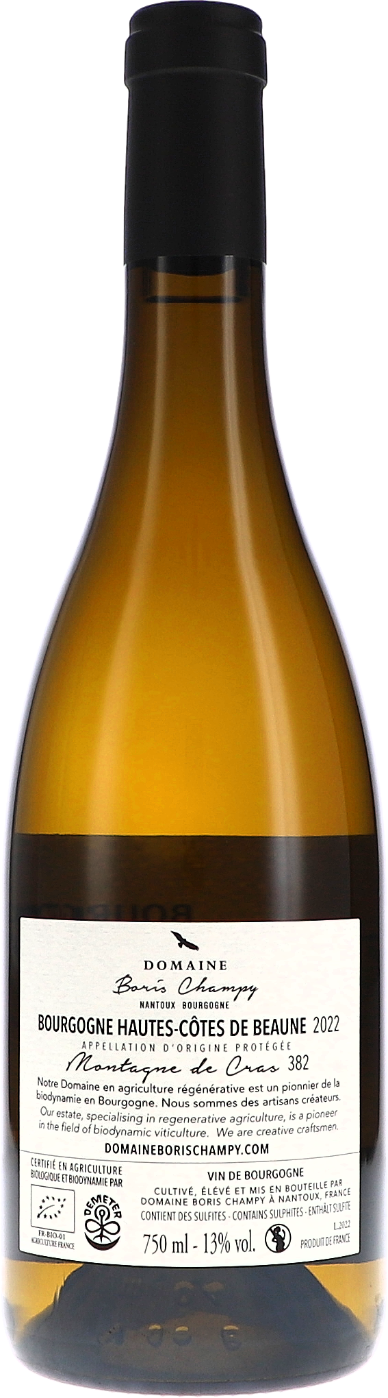 Boris Champy Bourgogne Hautes-Côtes de Beaune blanc Montagne 382 2022, 750ml bottle, back label view