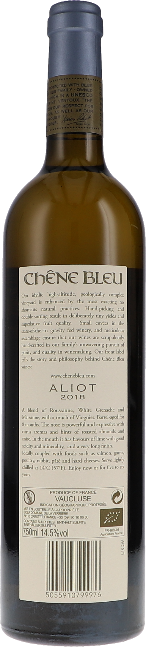 Chêne Bleu Aliot 2018, 750ml bottle, back label view