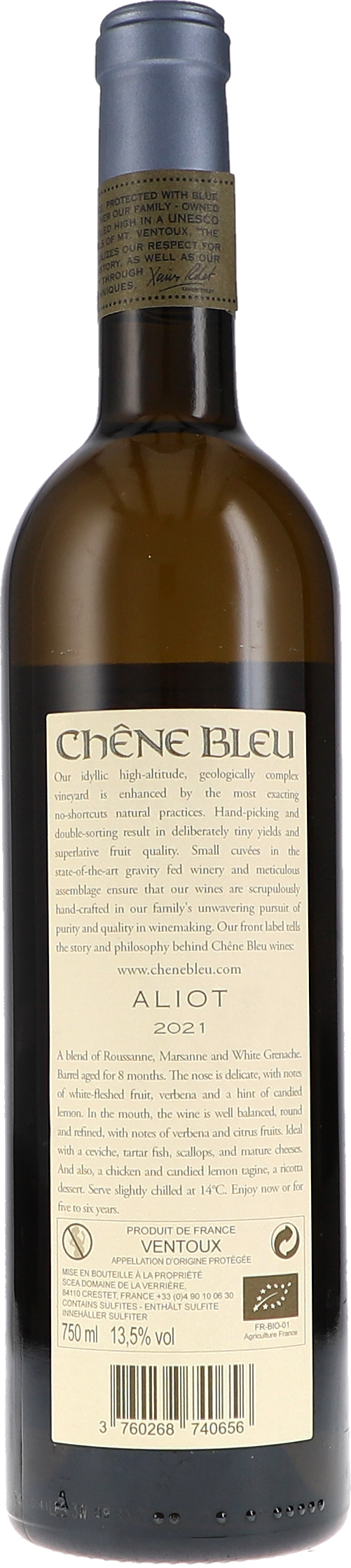Chêne Bleu Aliot 2021, 750ml bottle, back label view