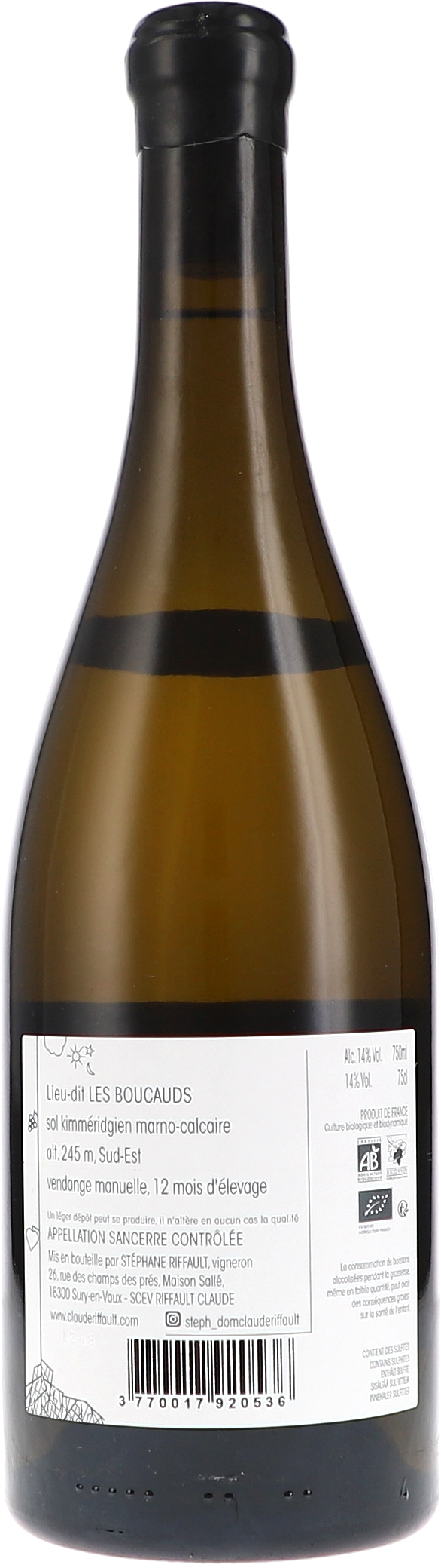 Claude Riffault Sancerre blanc Les Boucauds 2023, 750ml bottle, back label view