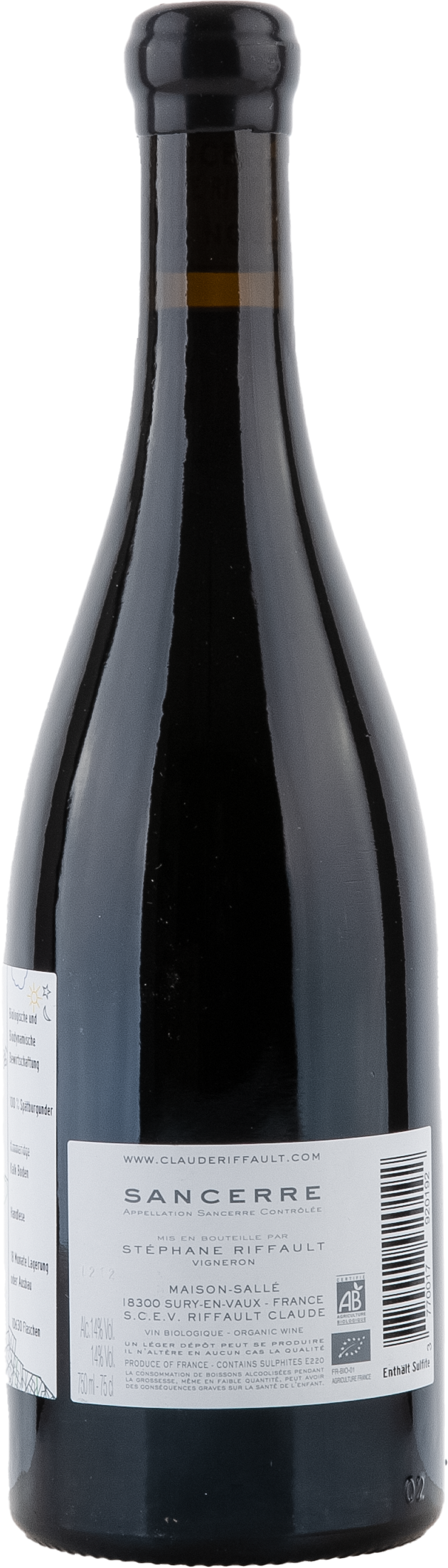 Claude Riffault Sancerre rouge La Noue 2019, 750ml bottle, back label view