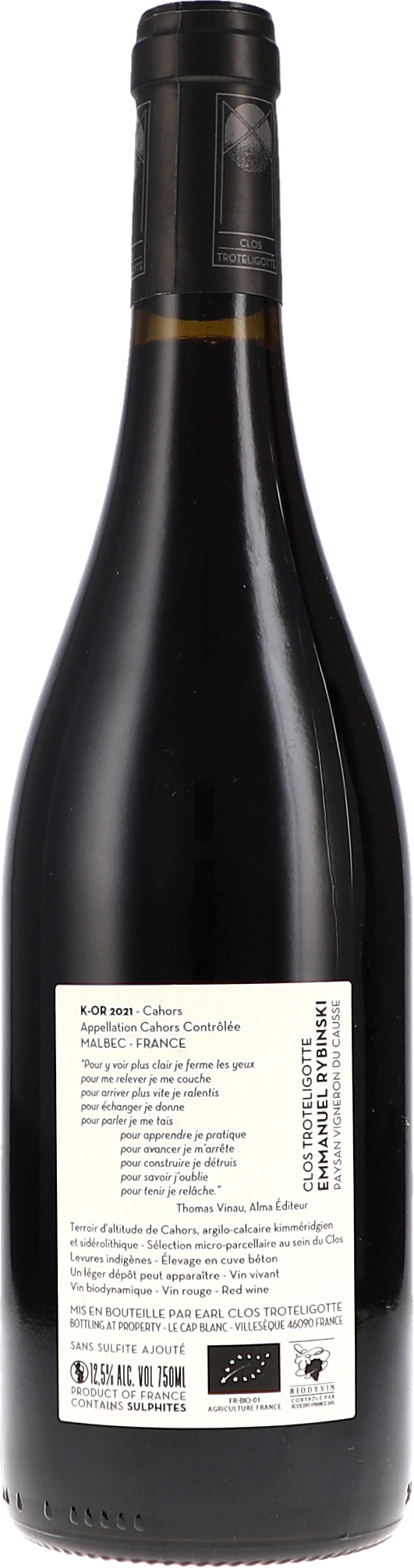 Clos Troteligotte K-or Sans Sulfite 2021, 750ml bottle, back label view