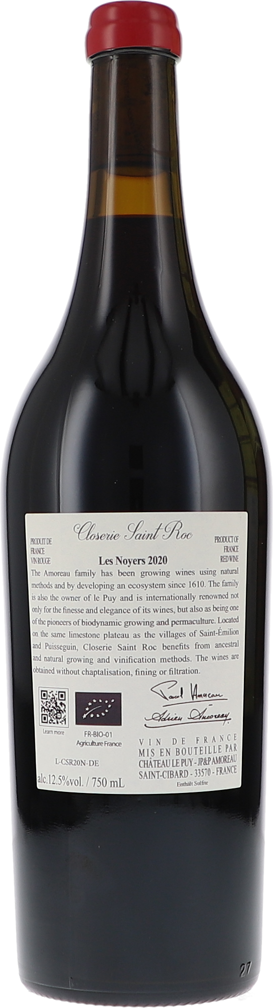 Closerie Saint Roc Les Noyers 2020, 750ml bottle, back label view