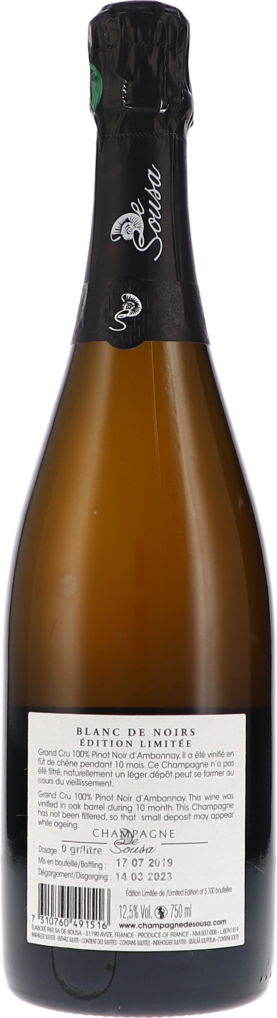 De Sousa et Fils blanc de Noirs Grand Cru Édition Limitée, 750ml bottle, back label view