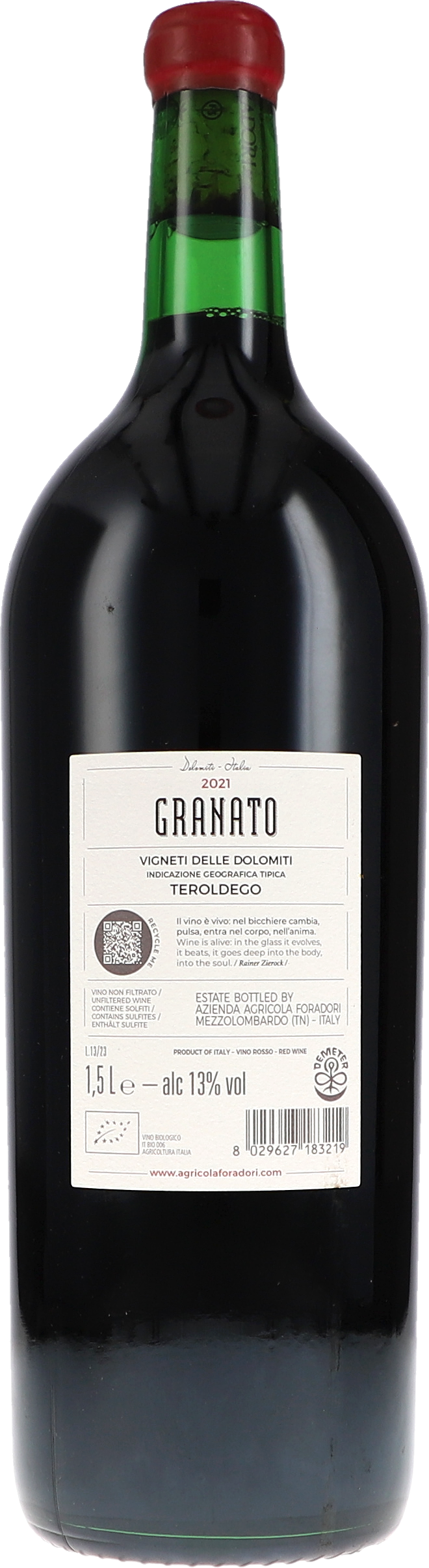 Foradori Granato Teroldego 2021, 1500ml bottle, back label view