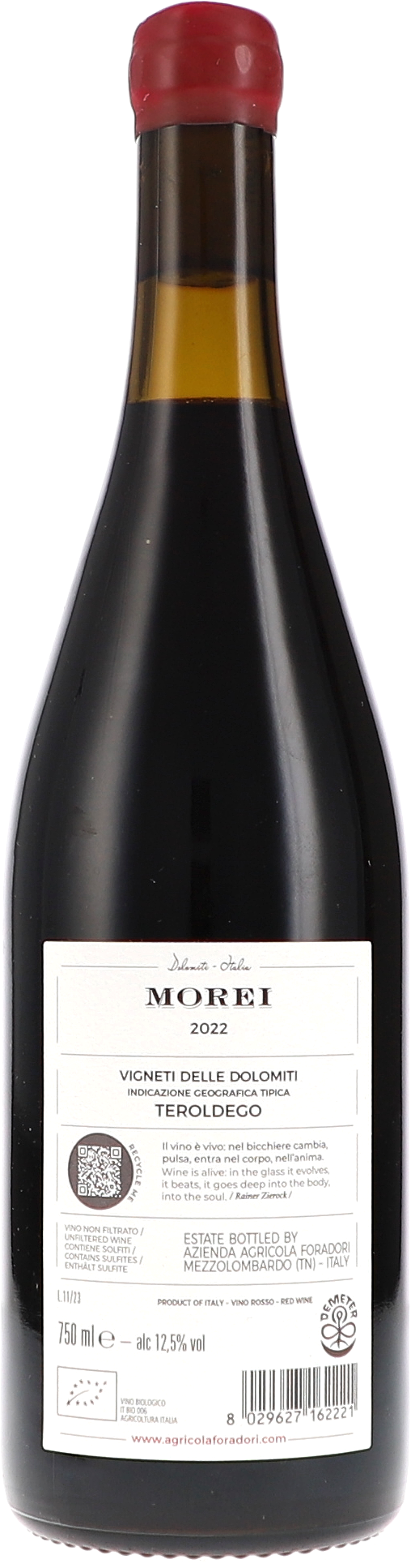 Foradori Morei Teroldego 2022, 750ml bottle, back label view