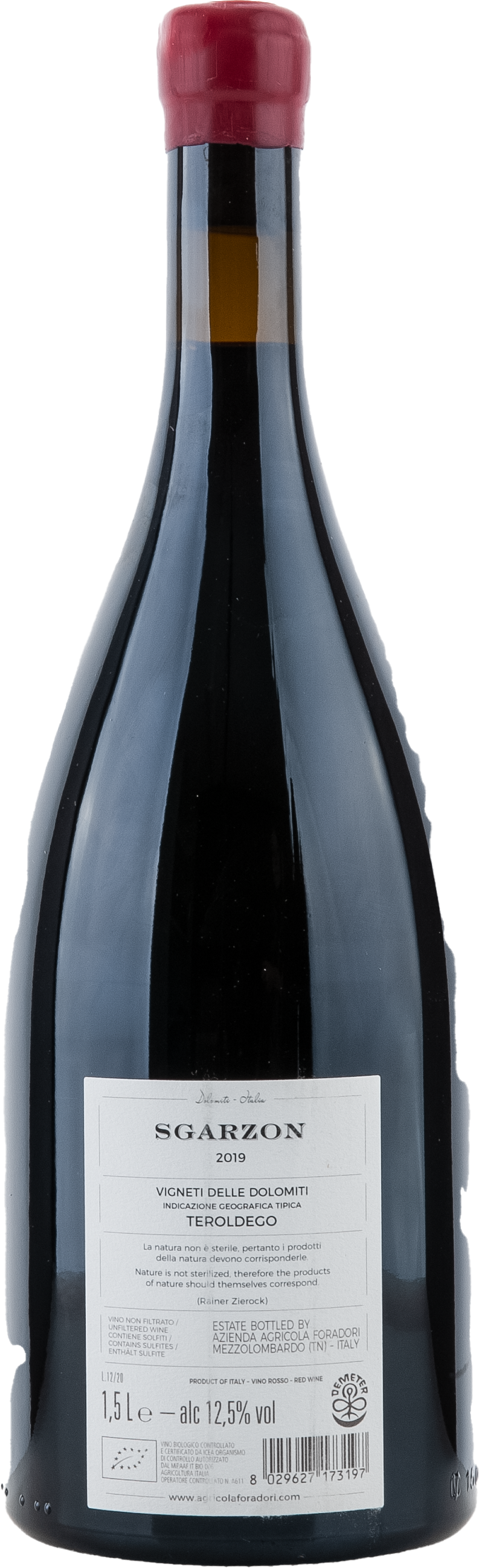 Foradori Sgarzon Teroldego 2019, 1500ml bottle, back label view