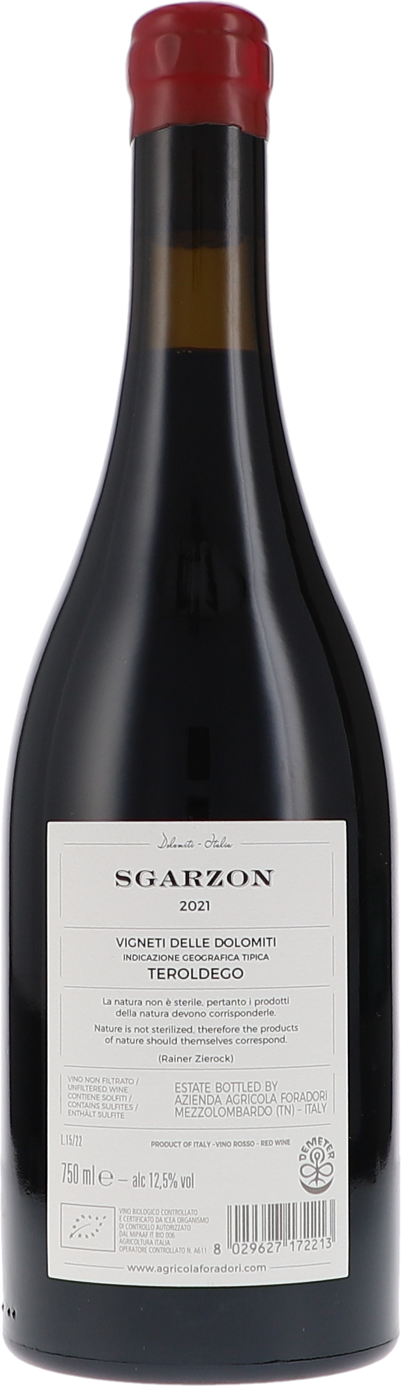 Foradori Sgarzon Teroldego 2021, 750ml bottle, back label view