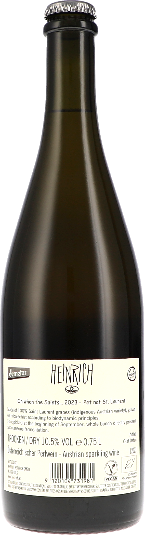 Heinrich PetNat oh when the saints 2023, 750ml bottle, back label view