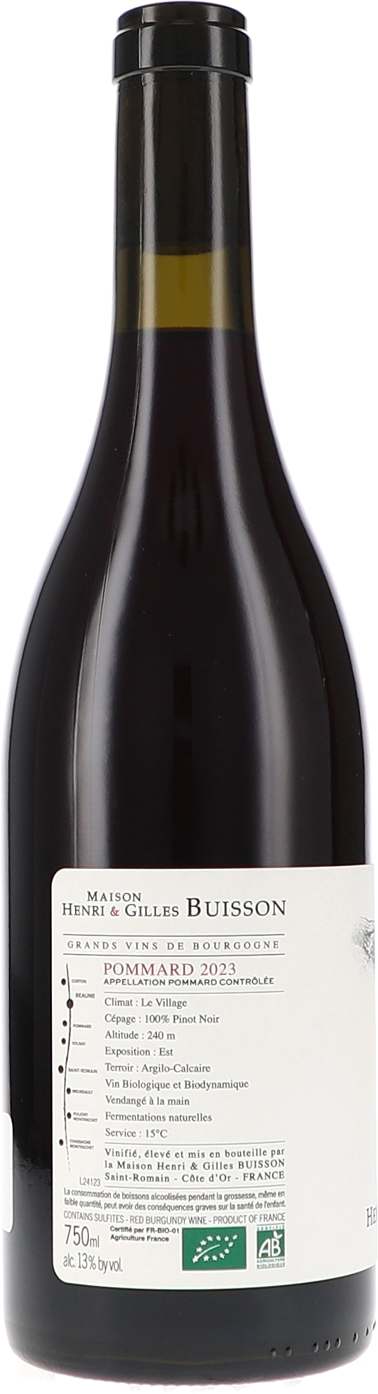 Henri & Gilles Buisson Pommard Le Village 2023, 750ml bottle, back label view