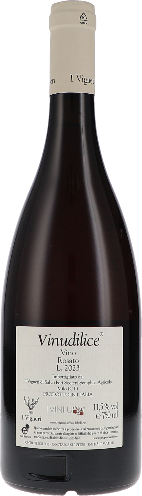 I Vigneri di Salvo Foti Vinudilice Rosato 2023, 750ml bottle, back label view