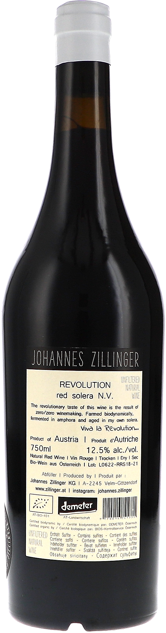 Johannes Zillinger JZ. Revolution red solera N.V., 750ml bottle, back label view