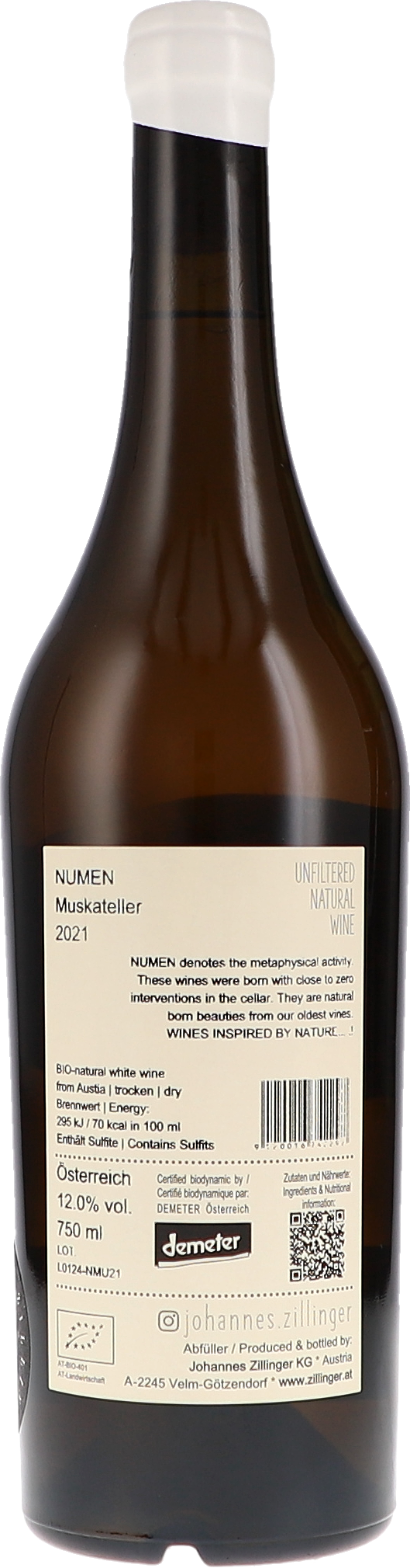 Johannes Zillinger NUMEN Muskateller 2021, 750ml bottle, back label view