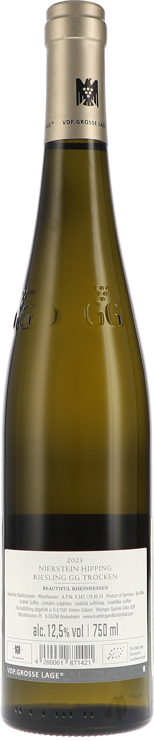 Kühling-Gillot Riesling Hipping GG 2023, 750ml bottle, back label view