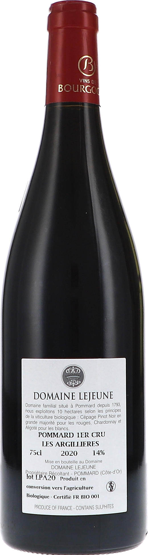 Lejeune Pommard 1er Cru Les Argillières 2020, 750ml bottle, back label view