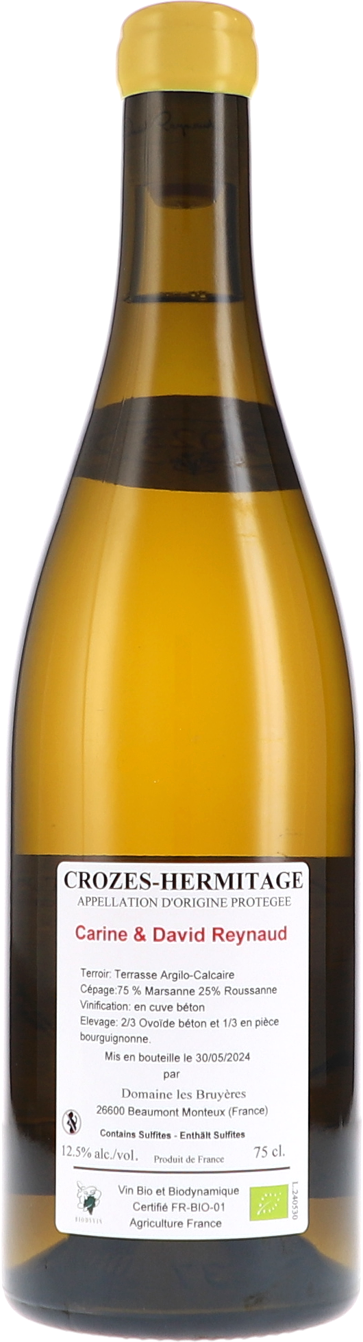 Les Bruyères Crozes Hermitage blanc Aux Bêtises 2023, 750ml bottle, back label view