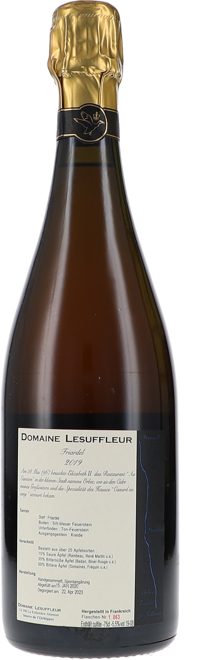 Lesuffleur Friardel 2019, 750ml bottle, back label view