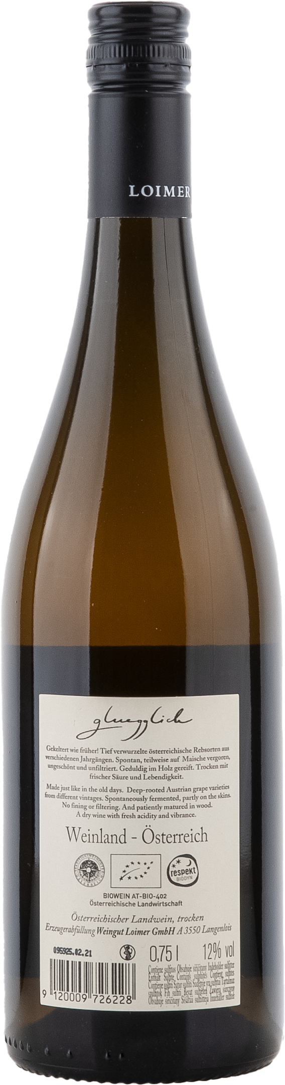 Loimer Gluegglich Weiss, 750ml bottle, back label view