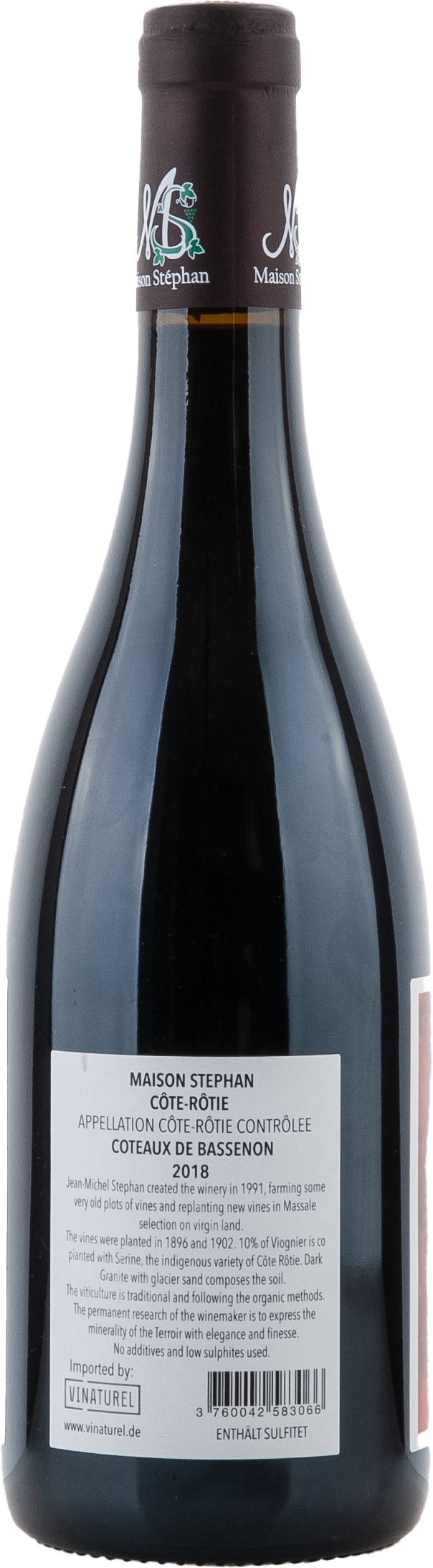 Maison Stephan Côte Rôtie Côteaux de Bassenon 2018, 750ml bottle, back label view 1