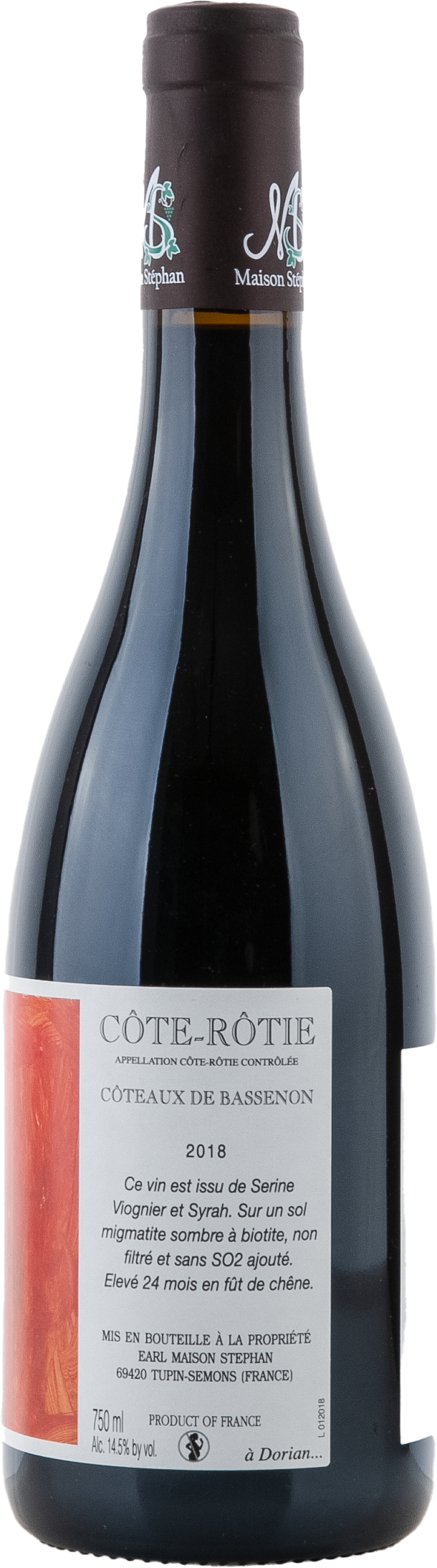 Maison Stephan Côte Rôtie Côteaux de Bassenon 2018, 750ml bottle, back label view 2