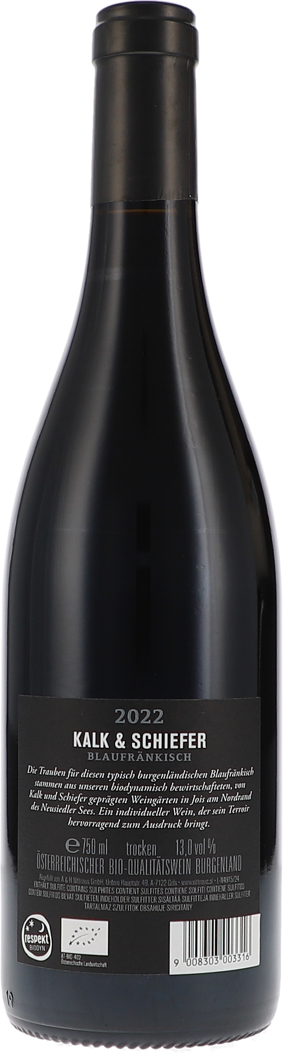 Nittnaus Anita & Hans Blaufränkisch Kalk & Schiefer 2022, 750ml bottle, back label view
