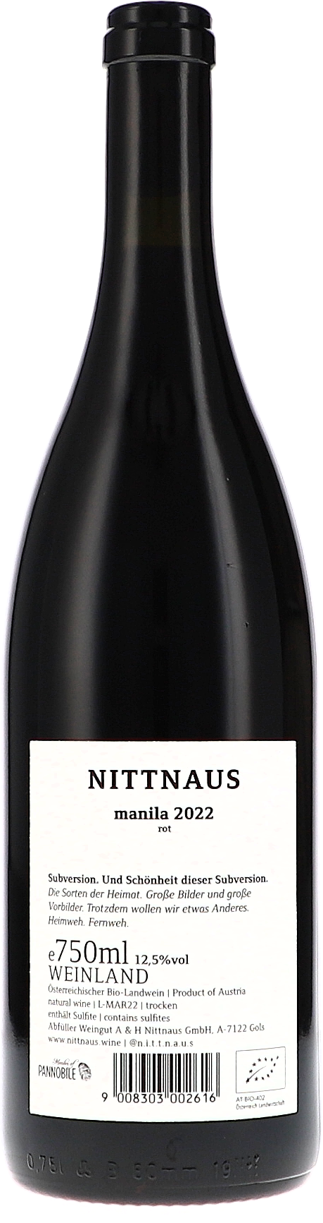 Nittnaus Anita & Hans Blaufränkisch Manila 2022, 750ml bottle, back label view