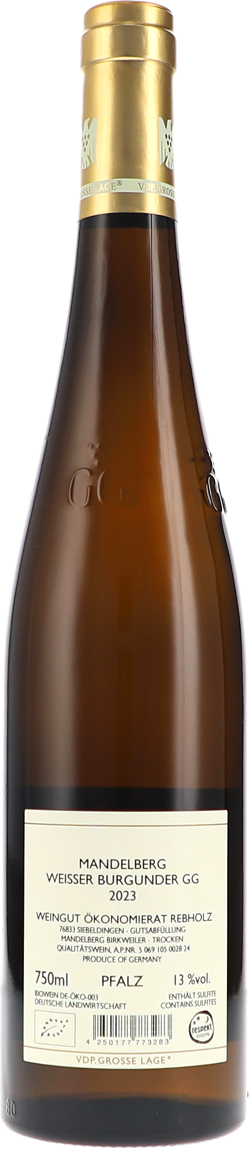 Ökonomierat Rebholz Weisser Burgunder Mandelberg GG 2023, 750ml bottle, back label view