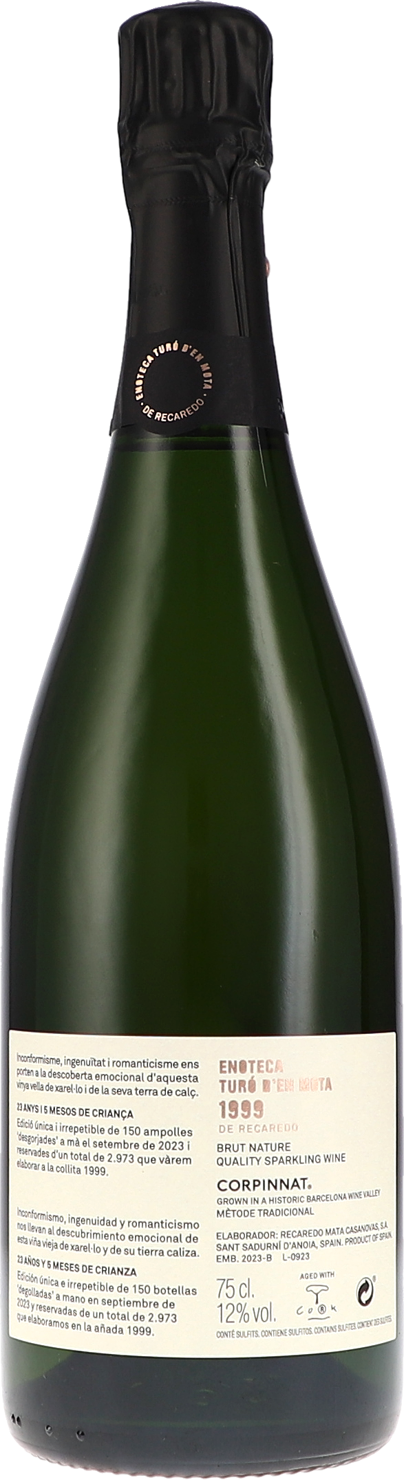 Recaredo Enoteca Turo d'en Mota de Recaredo Brut Nature 1999, 750ml bottle, back label view