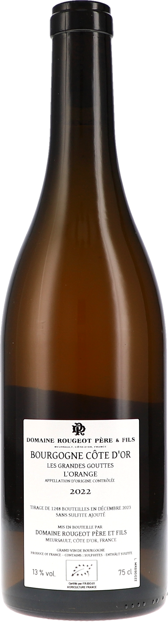 Rougeot Père & Fils Bourgogne Côte d'Or Les Grandes Gouttes l'Orange Sans Sulfite 2022, 750ml bottle, back label view