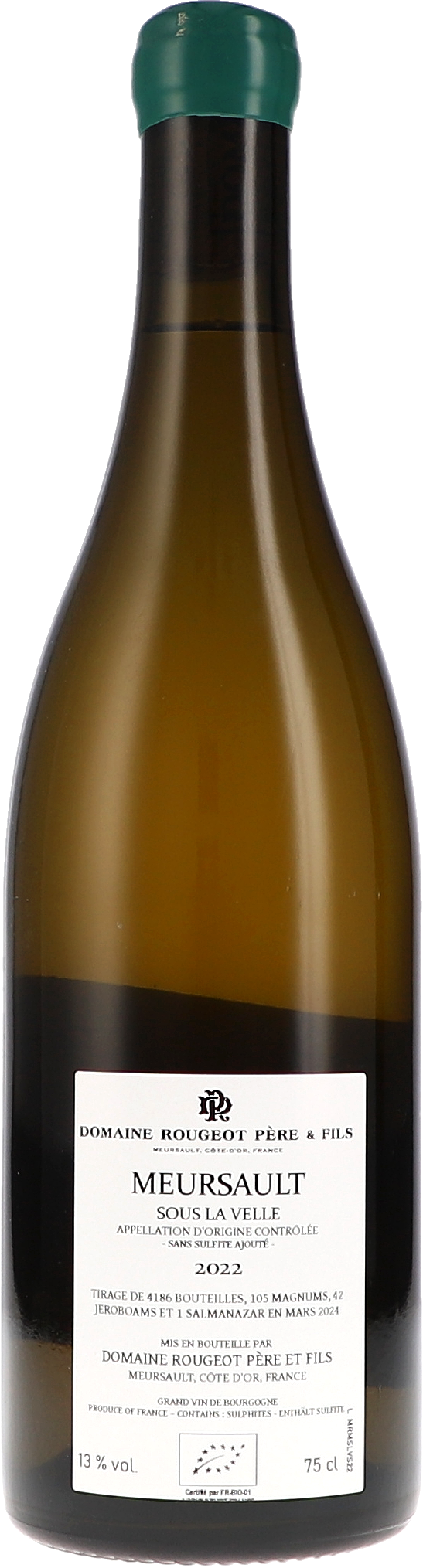 Rougeot Père & Fils Meursault Sous la Velle Sans Sulfite 2022, 750ml bottle, back label view