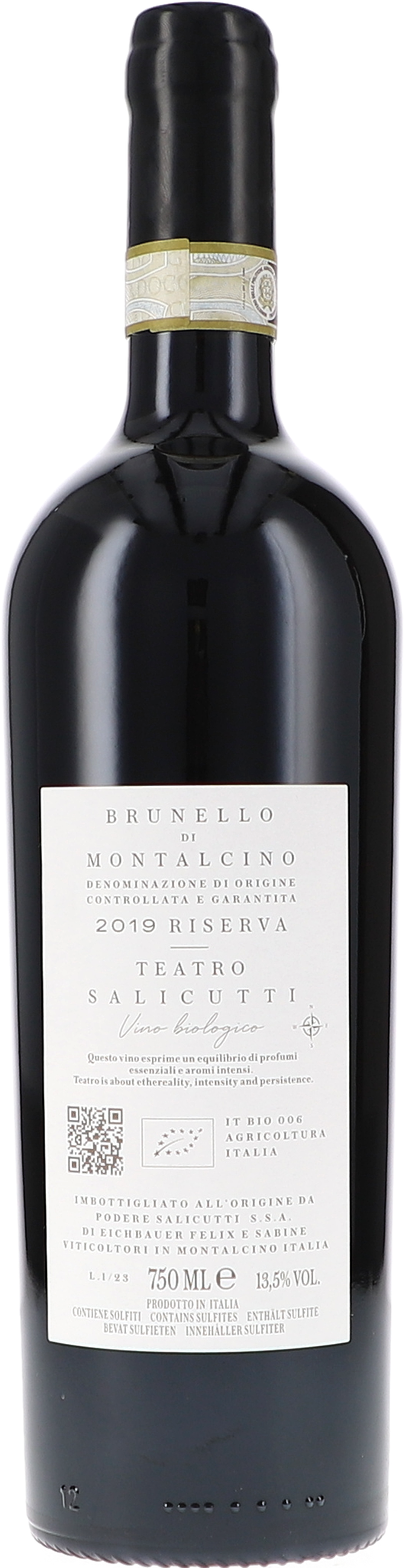 Salicutti Brunello di Montalcino Teatro Riserva 2019, 750ml bottle, back label view