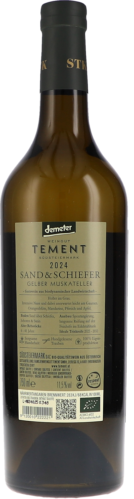 Tement Gelber Muskateller Sand & Schiefer Südsteiermark 2024, 750ml bottle, back label view