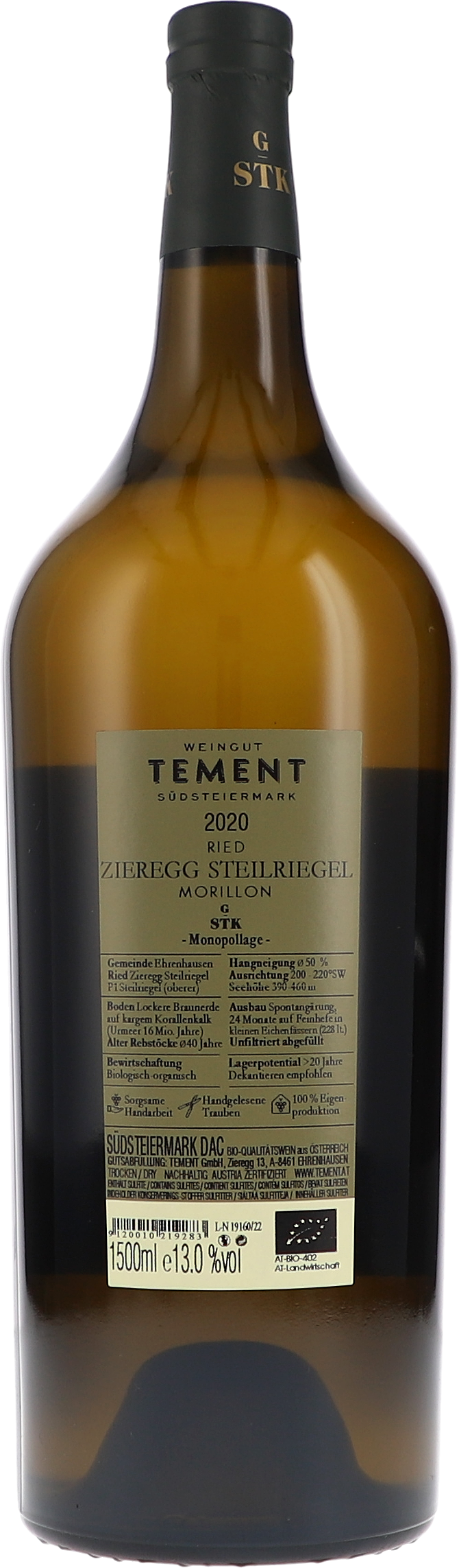 Tement Ried Zieregg Steilriegel Morillon Große STK Lage 2020, 1500ml bottle, back label view