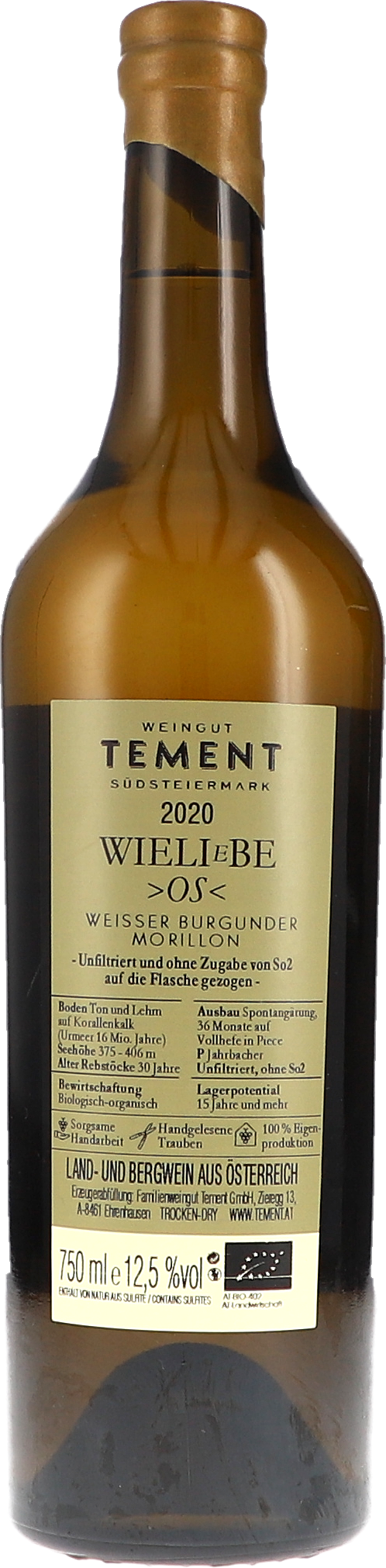 Tement Weisser Burgunder WIELIeBE OS 2020, 750ml bottle, back label view
