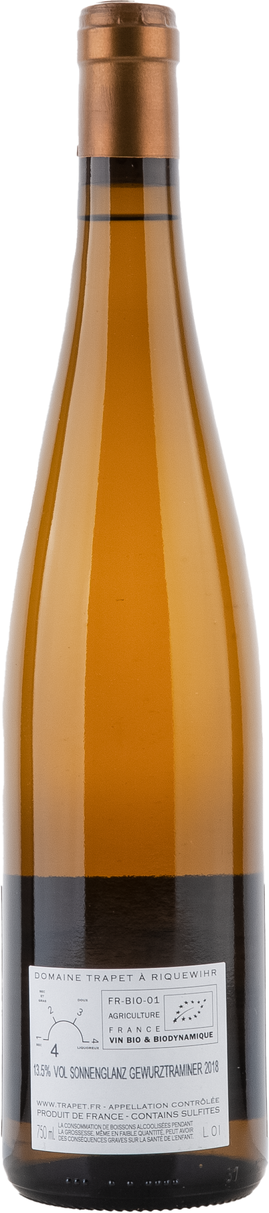 Trapet Alsace Gewürztraminer Sonnenglanz Grand Cru 2018, 750ml bottle, back label view