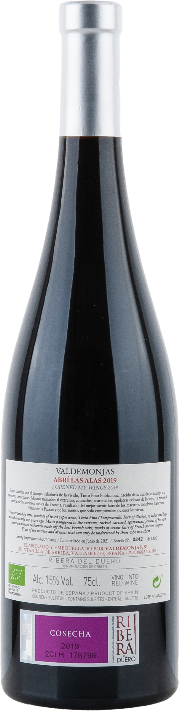 Valdemonjas Abrí Las Alas - I Opened My Wings 2019, 750ml bottle, back label view 2