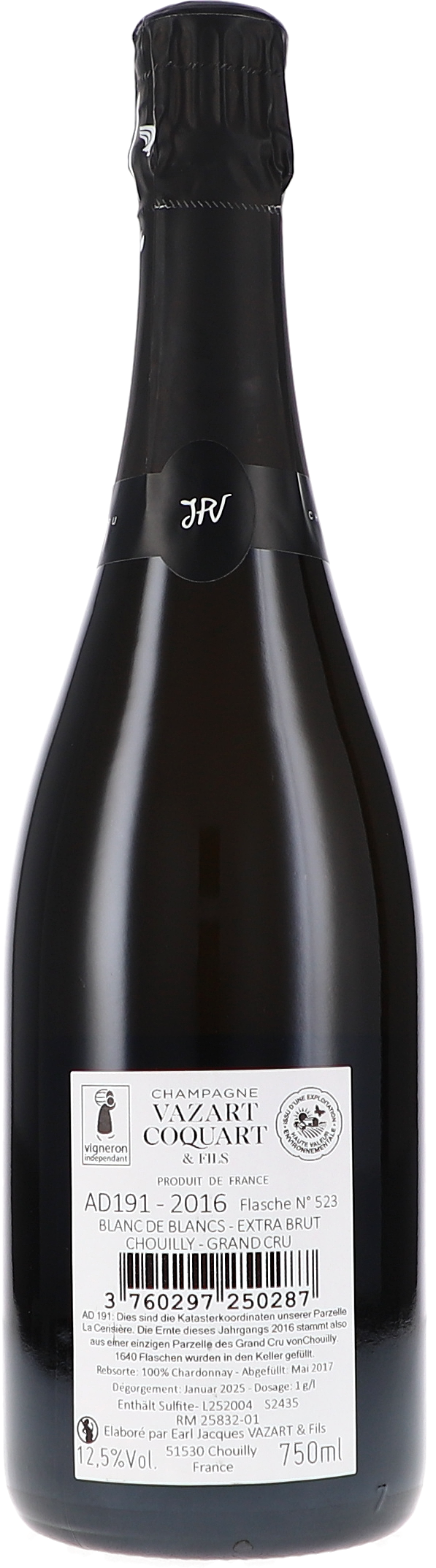 Vazart-Coquart & Fils AD 191 Extra Brut blanc de blancs Chouilly Grand Cru 2016, 750ml bottle, back label view