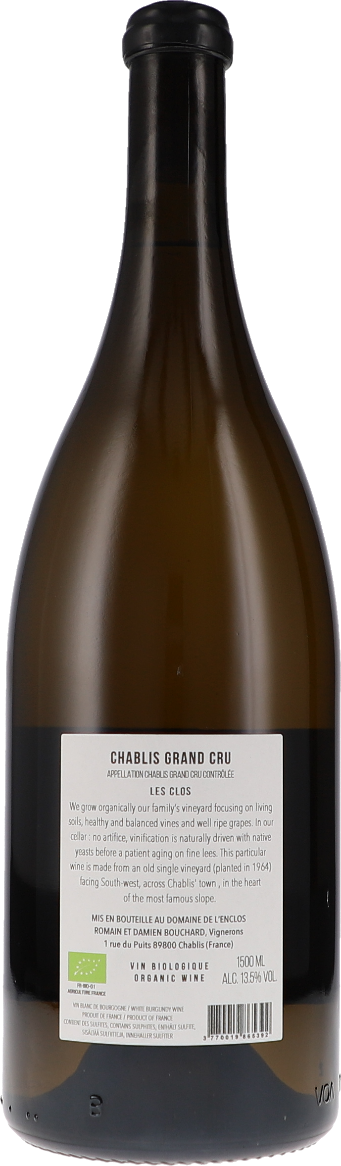 de l'Enclos Chablis Grand Cru Les Clos 2022, 1500ml bottle, back label view