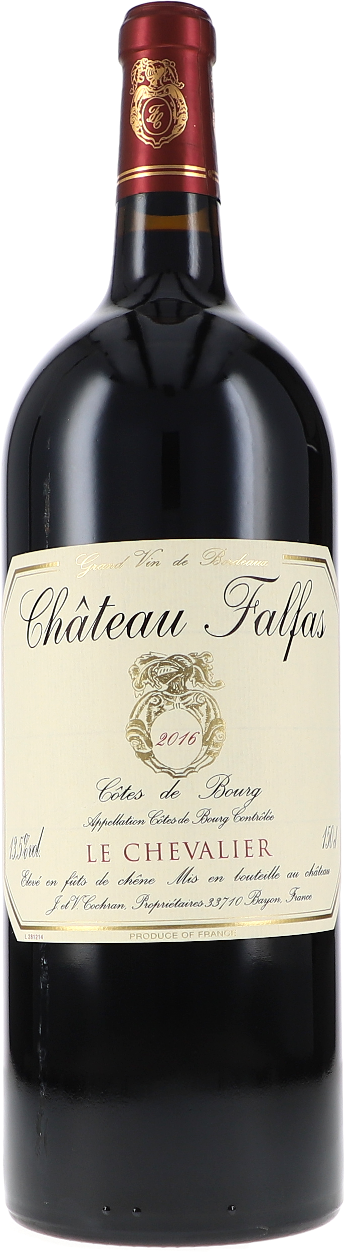 Château Falfas le Chevalier 2016, 1500ml Flasche, Ansicht Frontetikett