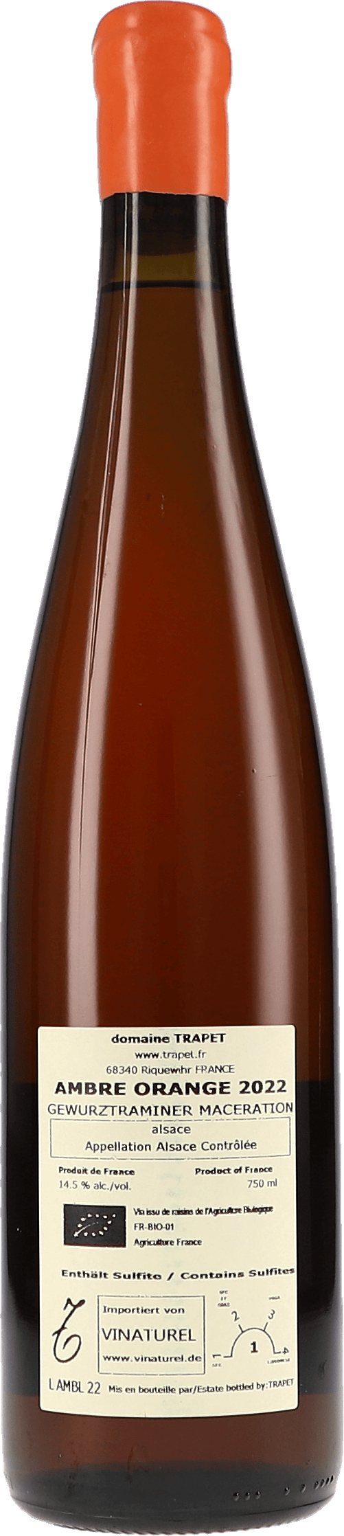 Trapet Alsace Ambre Orange Gewürztraminer Maceration 2022, 750ml Flasche, Foto 2