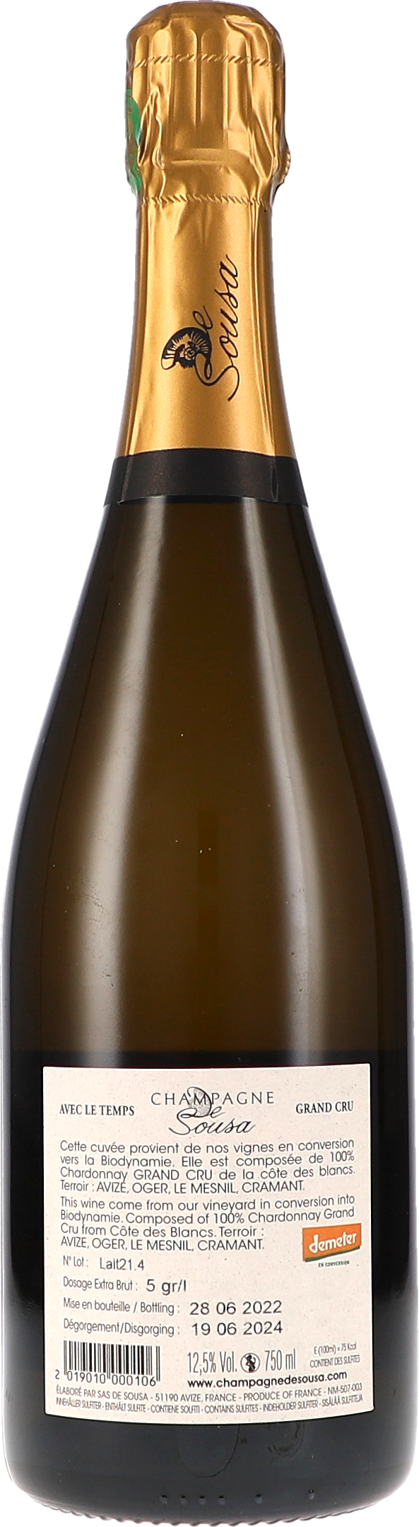 De Sousa et Fils Avec le Temps Extra Brut blanc de blancs Grand Cru NV, 750ml Flasche, Foto 2
